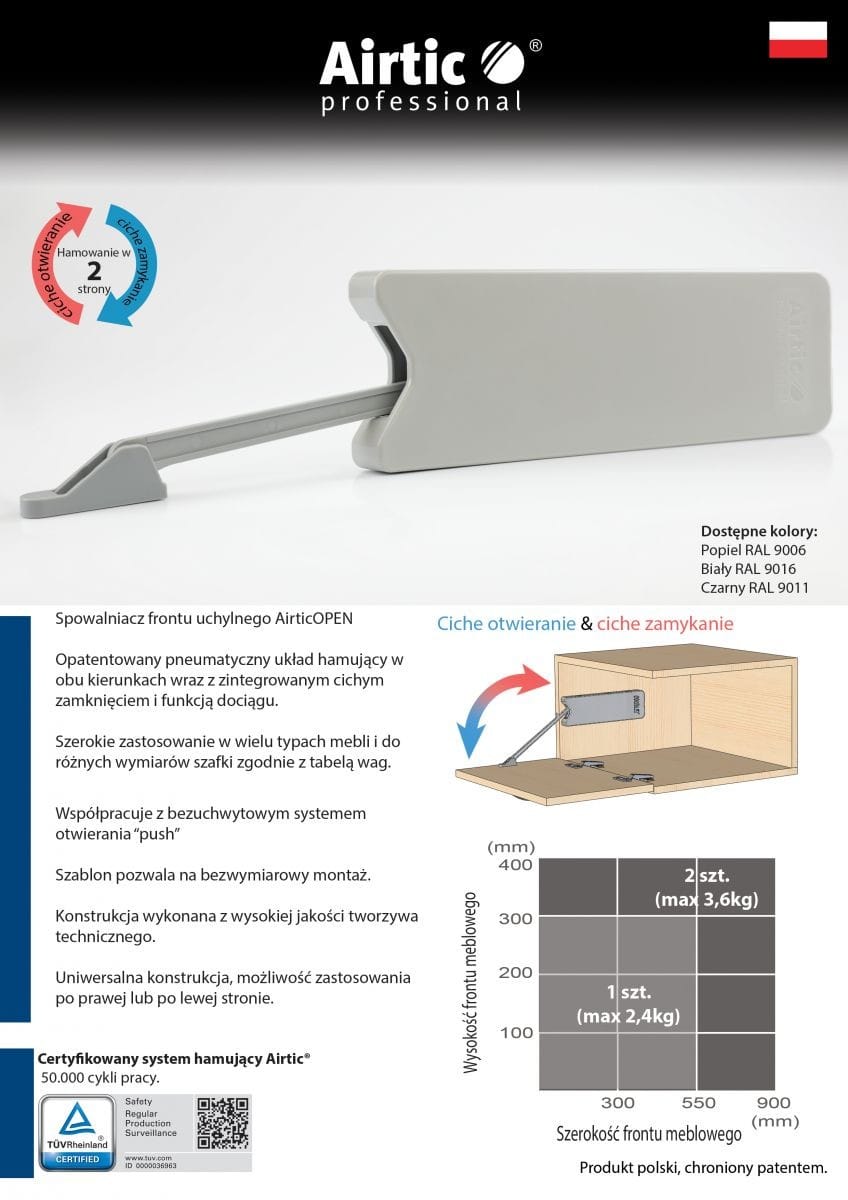 Mechanizm barkowy do frontów opuszczanych AIRTIC OPEN strong CZARNY (2,7-6 kg) - obrazek 2