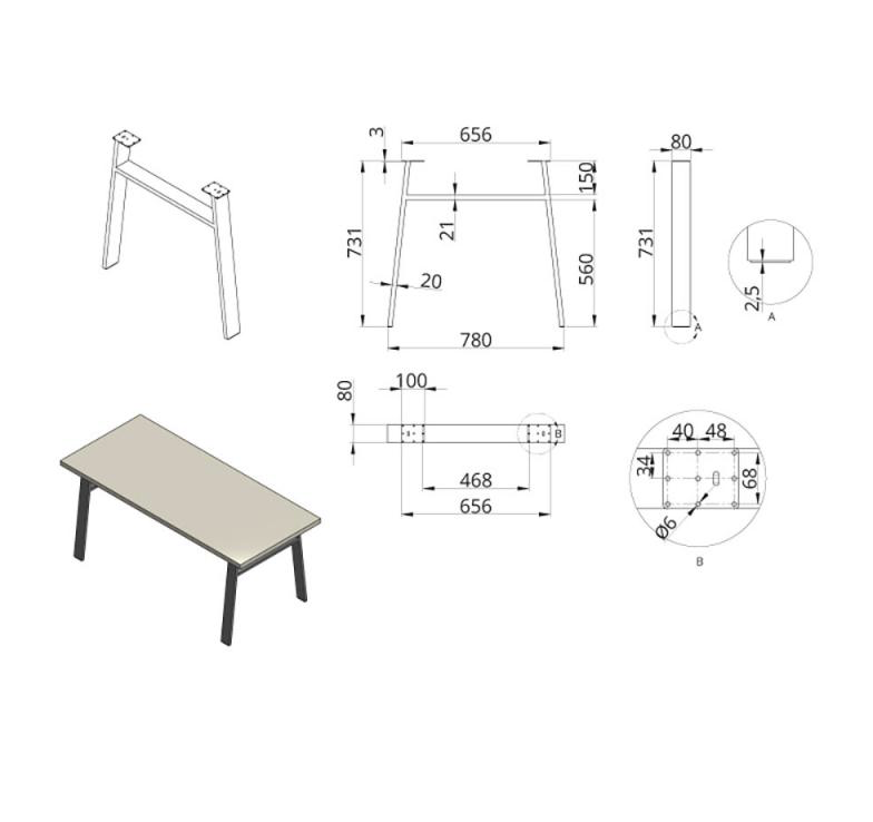 Stelaż stołu "H" LOFT 78x73 cm CZARNY MAT - obrazek 2