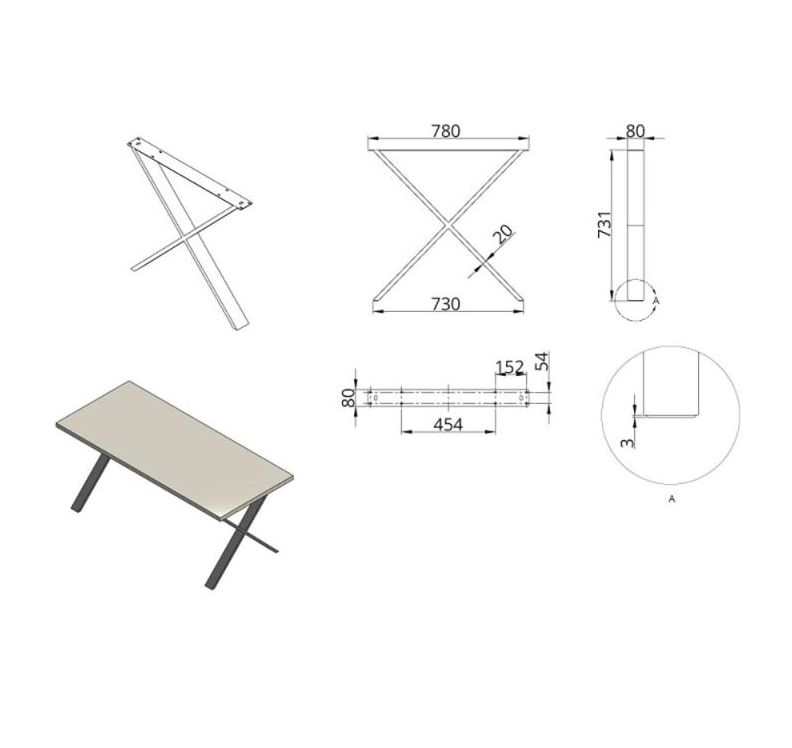 Stelaż stołu "X" LOFT cienki 78x73 cm CZARNY MAT - obrazek 2