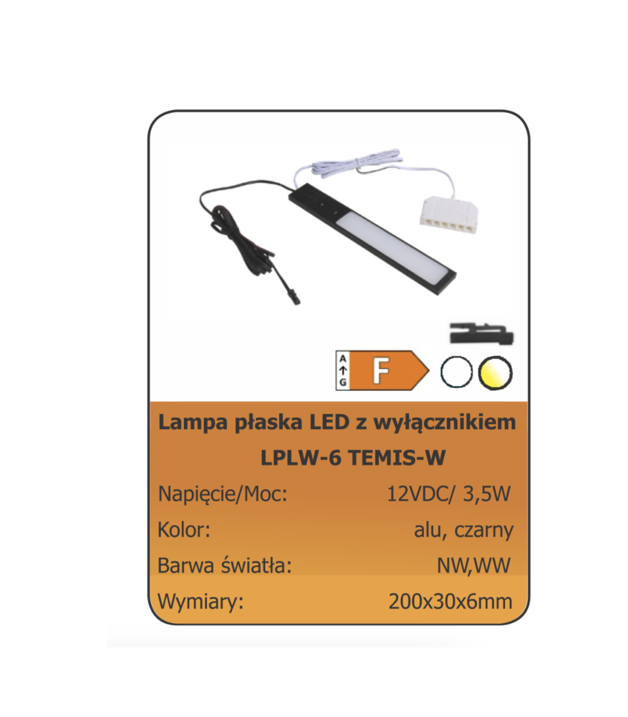 Lampka LED podszafkowa nakładana z wyłącznikiem CZARNA/BIAŁE NEUTRALNE