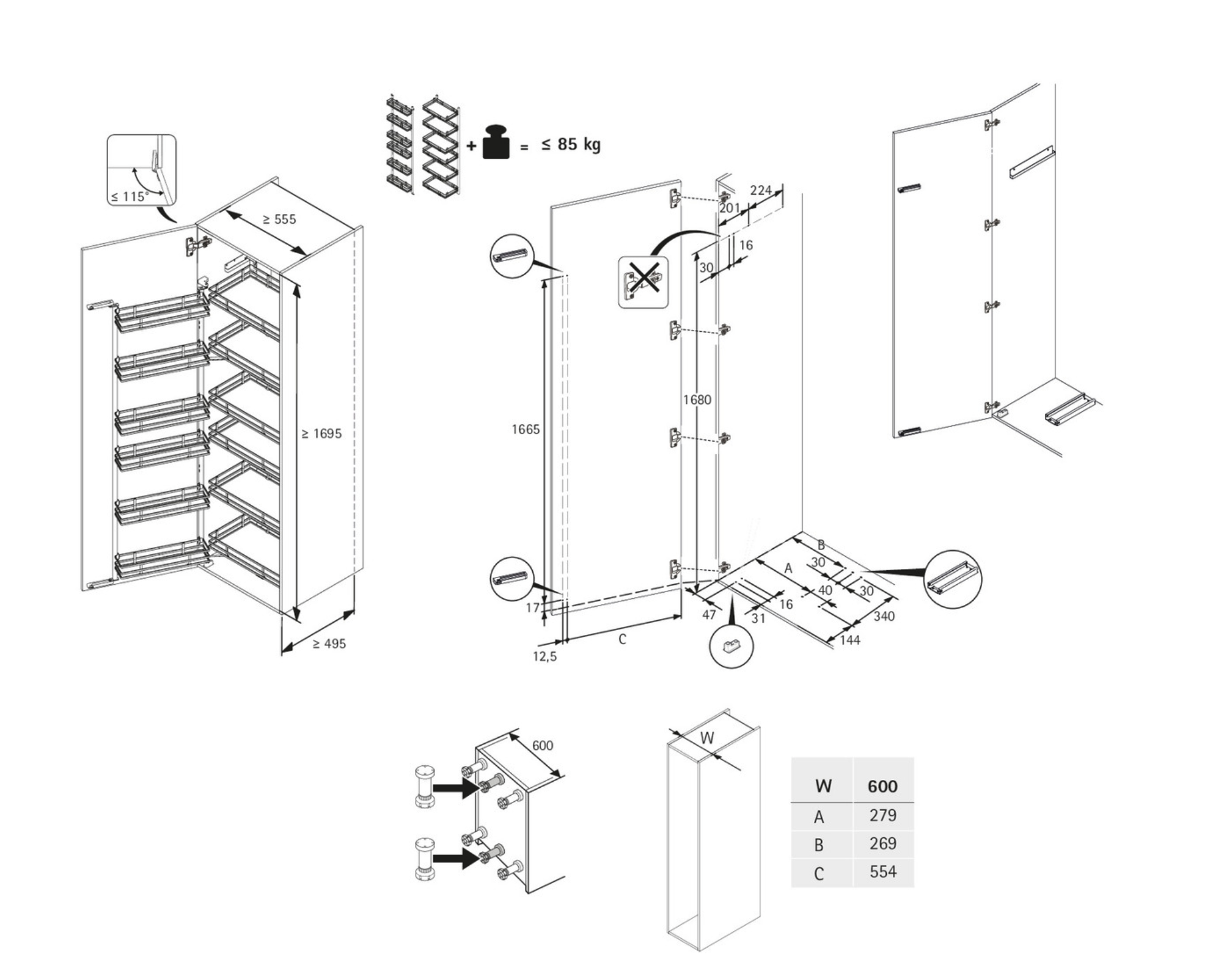 Cargo do szafek spiżarnianych 600 mm/ min. 1695 mm BIAŁE/PŁASKI RELING HETTICH ISEO 9381008/9381010 - obrazek 4